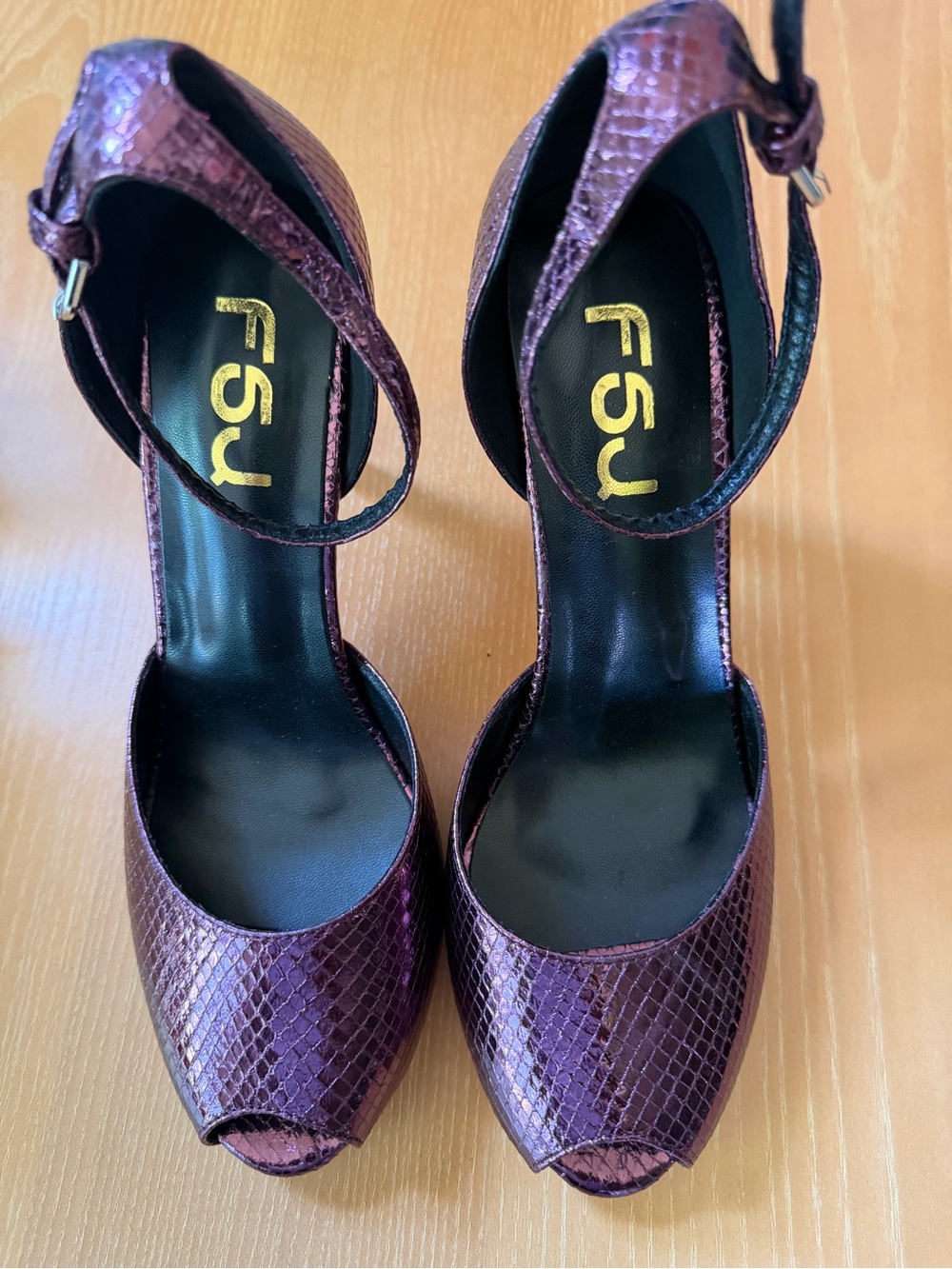 FSJ Plum Snake-Embossed Peep-Toe Ankle Strap Heels